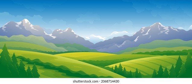 Horizontale Breitbildlandschaft im Frühling. Schöne Hügel auf Berghintergrund.