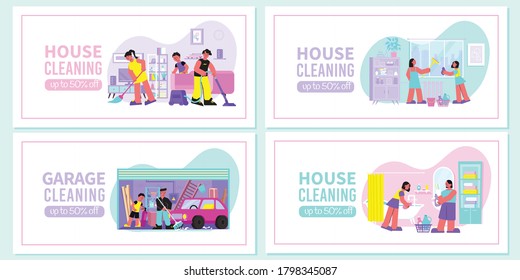 Spring house cleaning 4 flat web banners with sweeping vacuuming floor sponging window washing garage vector illustration