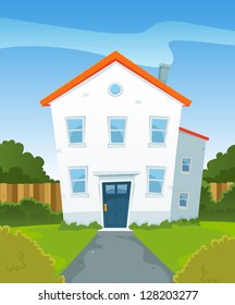 Spring House In Garden/ Illustration of a cartoon suburban residential house property in spring or summer season, inside garden