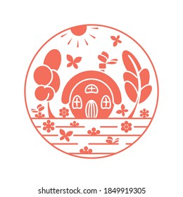 Spring house in garden. Silhouette. Beauty in nature. The image of silhouettes of the sun, house, trees, flowers and a butterfly. Color of objects is warm pink. Design element. Vector illustration.