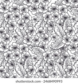 Spring hydrangea line art flower seamless pattern with line art monochrome flower. Little flower vector background