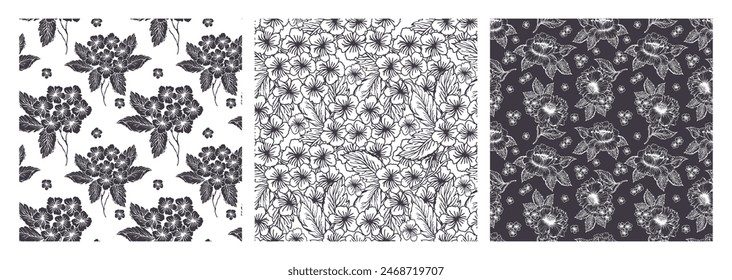 Hortensias de primavera y peonía silueta y línea arte flor sin patrón conjunto monocromo flor. Fondo de Vector de flor pequeña