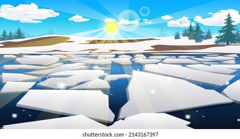 spring ice drift on the river bank in the snow thawed patches of sunshine trees horizon clouds nature ecology fauna safety on the pond caution