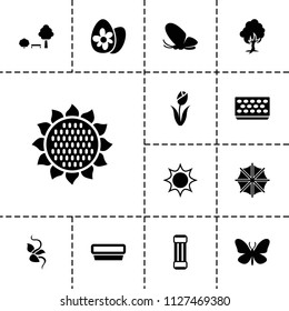 Spring icon. collection of 13 spring filled icons such as sunflower, butterfly, sun, pot for plants, umbrella, flower. editable spring icons for web and mobile.