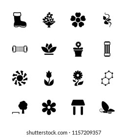 Spring icon. collection of 16 spring filled icons such as boot, tree and bench, flower pot, flower, expander sport, butterfly, table. editable spring icons for web and mobile.