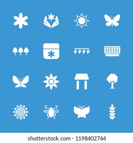 Spring icon. collection of 16 spring filled icons such as butterfly, flower, sun, tree, plant, sunflower, beetle, table. editable spring icons for web and mobile.