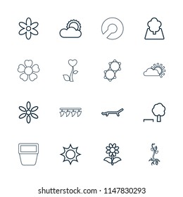 Spring icon. collection of 16 spring outline icons such as sun, flower, tree and bench, tree, expander sport, plowing tool. editable spring icons for web and mobile.