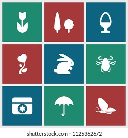 Spring icon. collection of 9 spring filled icons such as umbrella, beetle, flower, heart flower, tree, egg, rabbit. editable spring icons for web and mobile.