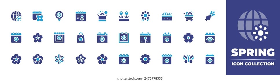 Spring icon collection. Duotone color. Vector illustration. Containing sakura, flower, calendar, cherryblossom, springstarflower, springsales, spring, clematis.