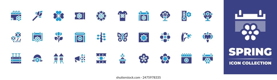 Spring icon collection. Duotone color. Vector illustration. Containing springonion, spring, sakura, tree, butterfly, flower, plant, fireworks, hat, clover, announce.