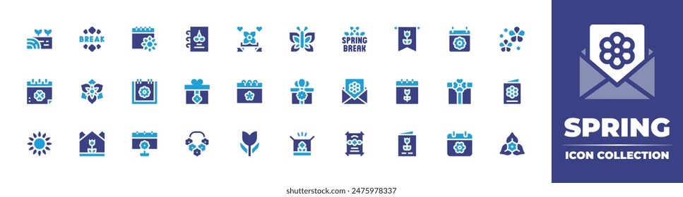 Spring icon collection. Duotone color. Vector illustration. Containing spring, springbreak, springnotebook, box, butterfly, amaryllis, ground, giftbox, invitation.