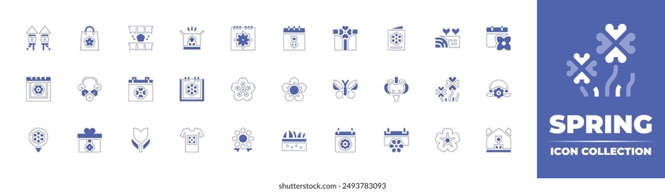 Spring icon collection. Duotone style line stroke and bold. Vector illustration. Containing tulip, calendar, springsales, spring, collar, fireworks, giftbox, locationpin, box, tshirt.