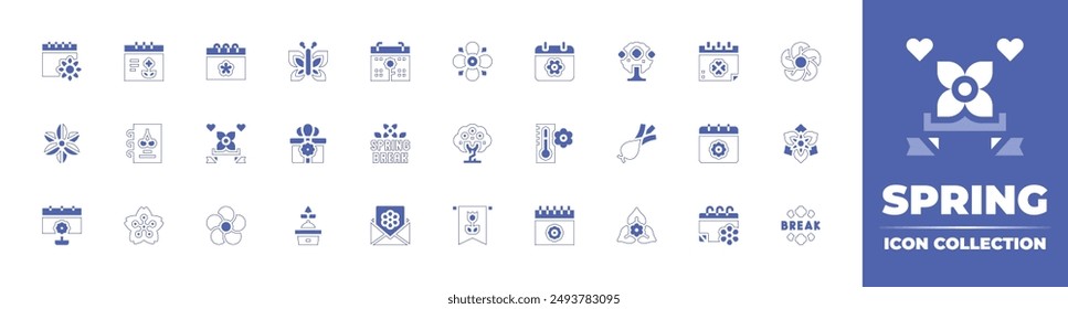 Spring icon collection. Duotone style line stroke and bold. Vector illustration. Containing spring, springbreak, box, butterfly, onion, calendar, appletree, flower, temperature.