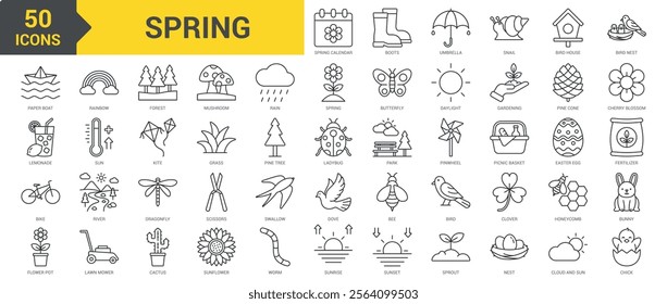 Spring icon collection set. Containing spring calendar, boots, umbrella, snail, bird house, birds, paper boat, mushroom, rain, lemonade, bike, flower, rainbow, forest, sunrise icon. Simple line vector