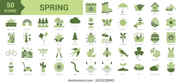 Spring icon collection set. Containing spring calendar, boots, umbrella, snail, bird house, paper boat, mushroom, rain, lemonade, sprout, flower, rainbow, forest, sunrise icon. Simple flat vector