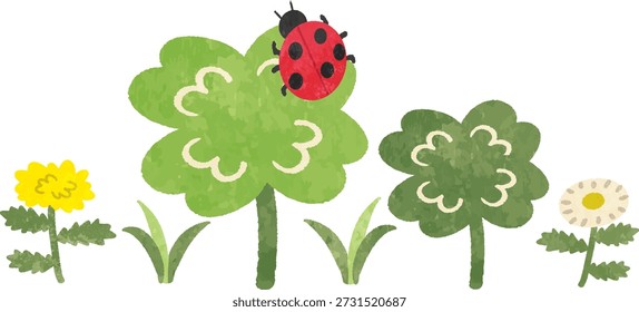 Ilustração de ícone de primavera de um trevo de quatro folhas e joaninha
