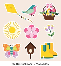 Spring icon pack. Set of kite, bird, flowers basket, sun, sakura, flower, butterfly, birdhouse and rain boots stickers in flat design. Vector illustration.