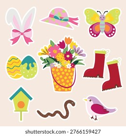 Spring icon pack. Set of rabbit ears, spring hat, butterfly, easter eggs, flower bucket, rain boots, birdhouse, earthworm and bird stickers in flat design. Vector illustration.