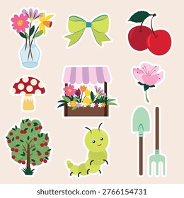 Spring icon pack. Set of vase of flowers, bow, cherries, mushroom, flower shop, sakura, apple tree, caterpillar and gardening tools stickers in flat design. Vector illustration.