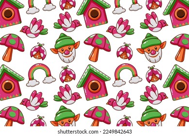 Spring icon pattern. Flowers, insects, gnomes and birds