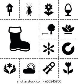 Spring icon. set of 13 filled springicons such as boot, beetle, sun, flower, nesting house, egg, tree and bench, sport expander