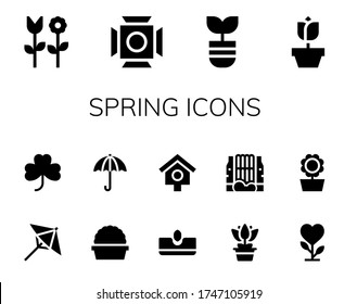 spring icon set. 14 filled spring icons. Included Flower, Scenic Illumination, Plant, Rose, Umbrella, Clover, Sow, Bird house, Waterfall, Sunflower icons