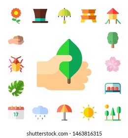 spring icon set. 17 flat spring icons.  Simple modern icons about  - flower, gardening, beetle, leaf, tree, cherry blossom, bench, saint patrick, rain, umbrella, picnic table