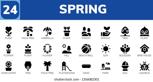 spring icon set. 24 filled spring icons.  Simple modern icons about  - Plant, Palm tree, Umbrella, Forest, Sprout, Tree, Flower, Hill, Beach ball, Sun, Blossom, Bird house, Sunflower
