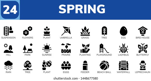 spring icon set. 24 filled spring icons.  Simple modern icons about  - Suspension, Flowers, Plant, Umbrella, Grass, Tree, Egg, Bird house, Hill, Park, Sunrise, Prairie, Planting