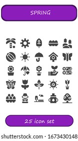 spring icon set. 25 filled spring icons.  Simple modern icons such as: Palm tree, Sun, Leaf, Eggs, Forest, Beach ball, Umbrella, Bird house, Butterfly, Sunflower, Flower, Sprout