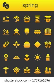 spring icon set. 26 filled spring icons. Included Park, Boiled egg, Umbrella, Easter egg, Spring, Joker, Playground, Tree, Eggs, Waterfall, Rose, Leaf, Plant, Sun, Butterfly icons