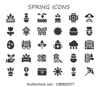 spring icon set. 30 filled spring icons.  Simple modern icons about  - Grass, Plant, Prairie, Scenic Illumination, Picnic table, Flower, Bird house, Butterfly, Sun, Leprechaun