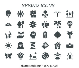 spring icon set. 30 filled spring icons.  Simple modern icons such as: Tree, Sun, Oxigen, Flower, Palm tree, Trees, Sunrise, Boiled egg, Butterfly, Fried egg, Branches, Planting