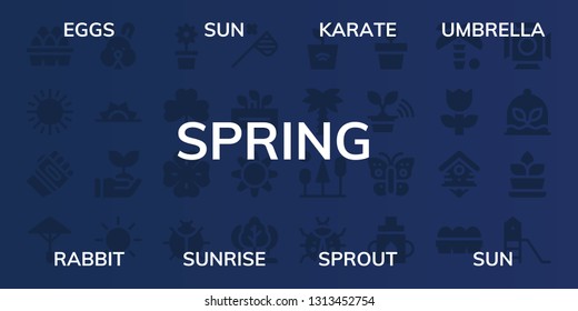 spring icon set. 32 filled spring icons. on blue background style Simple modern icons about  - Eggs, Sun, Karate, Umbrella, Rabbit, Sunrise, Sprout, Flower, Clover, Ladybug, Butterfly net