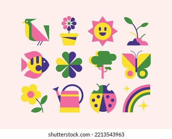 Spring icon set. Board of symbols on the theme of nature. 