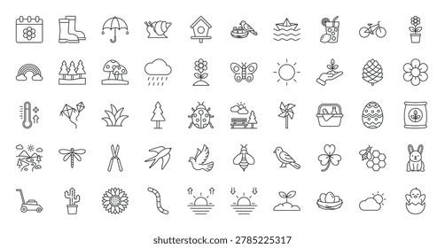 Spring icon set. Spring calendar, sprout, butterfly, snail, birds, blossom, mushroom, rain, gardening, bike, flower, rainbow, forest, sunrise and more. Outline vector icons collection