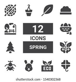 spring icon set. Collection of 12 filled spring icons included Clover, Eco, Rabbit, Beetle, Butterfly, Pine, Nest, Flowerpot, Bush, Park, Holi, Leaf