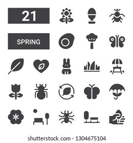 spring icon set. Collection of 21 filled spring icons included Leaf, Park, Beetle, Flower, Umbrella, Butterfly, Tulip, Picnic table, Grass, Rabbit, Tree, Fried egg, Boiled egg