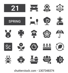 Spring Icon Set. Collection Of 21 Filled Spring Icons Included Brightness, Nest, Vase, Leaf, Beetle, Flowers, Fried Egg, Flower, Scout, Umbrella, Violet, Birdhouse, Clover, Rabbit