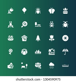 Spring Icon Set. Collection Of 25 Filled Spring Icons Included Grass, Rain, Nest, Park, Leaf, Umbrella, Beach Ball, Flower, Brightness, Tulip, Pine, Eco, Eggs, Beetle, Fried Egg