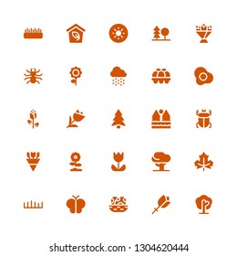 spring icon set. Collection of 25 filled spring icons included Tree, Flower, Eggs, Butterfly, Grass, Leaf, Tulip, Flowers, Beetle, Forest, Pine, Rose, Egg, Rain, Flower bouquet