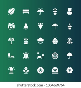 spring icon set. Collection of 25 filled spring icons included Flower, Tree, Brightness, Heaven, Umbrella, Violet, Park, Beetle, Ladybird, Rain, Fern, Flowerpot, Flowers, Pine