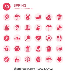 spring icon set. Collection of 30 filled spring icons included Clover, Umbrella, Rabbit, Leprechaun shoe, Leaf, Fern, Flower, Beetle, Brightness, Grass, Ladybug, Fried egg, Heaven