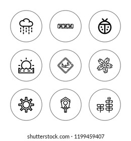 Spring icon set. collection of 9 outline spring icons with bird house, grows, ladybug, playground, rain, plant, sun, sunrise icons. editable icons.