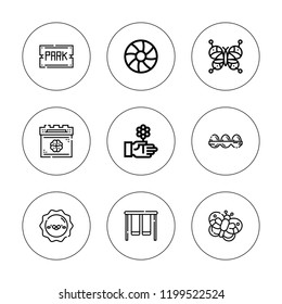 Spring icon set. collection of 9 outline spring icons with beach ball, butterfly, flower, eggs, park, playground, sun icons. editable icons.