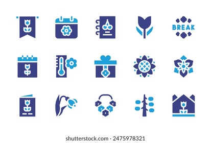 Spring icon set. Duotone color. Vector illustration. Containing tulip, springnotebook, springbreak, spring, amaryllis, sunflower, giftbox, banner, temperature.