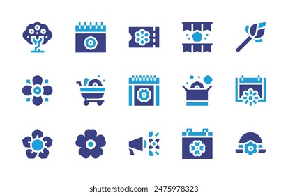 Spring icon set. Duotone color. Vector illustration. Containing cherryblossom, spring, ticket, lotus, package, shoppingcart, hat, calendar, announce.