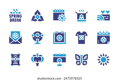 Spring icon set. Duotone color. Vector illustration. Containing spring, springbreak, bougainvillea, sunflower, butterfly, ground, invitation, box, lily, tshirt.