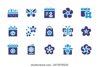 Spring icon set. Duotone color. Vector illustration. Containing flower, sakura, butterfly, springsales, spring, grass, box, cherryblossom, calendar, invitation.