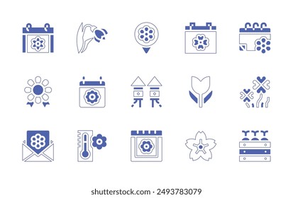 Spring icon set. Duotone style line stroke and bold. Vector illustration. Containing tulip, cherryblossom, springonion, spring, fireworks, badge, invitation, calendar, clover, temperature.